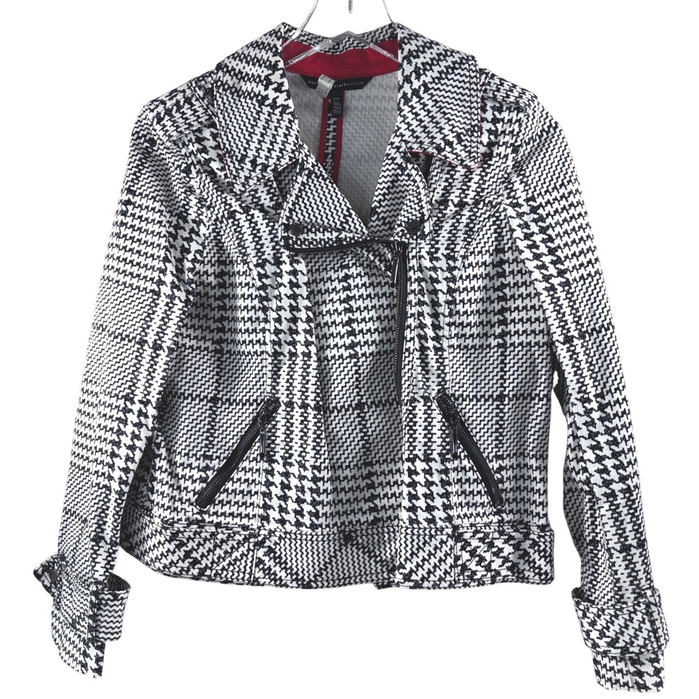 White House Black Market Black White Houndstooth Plaid Moto Jacket 14P Red Pop